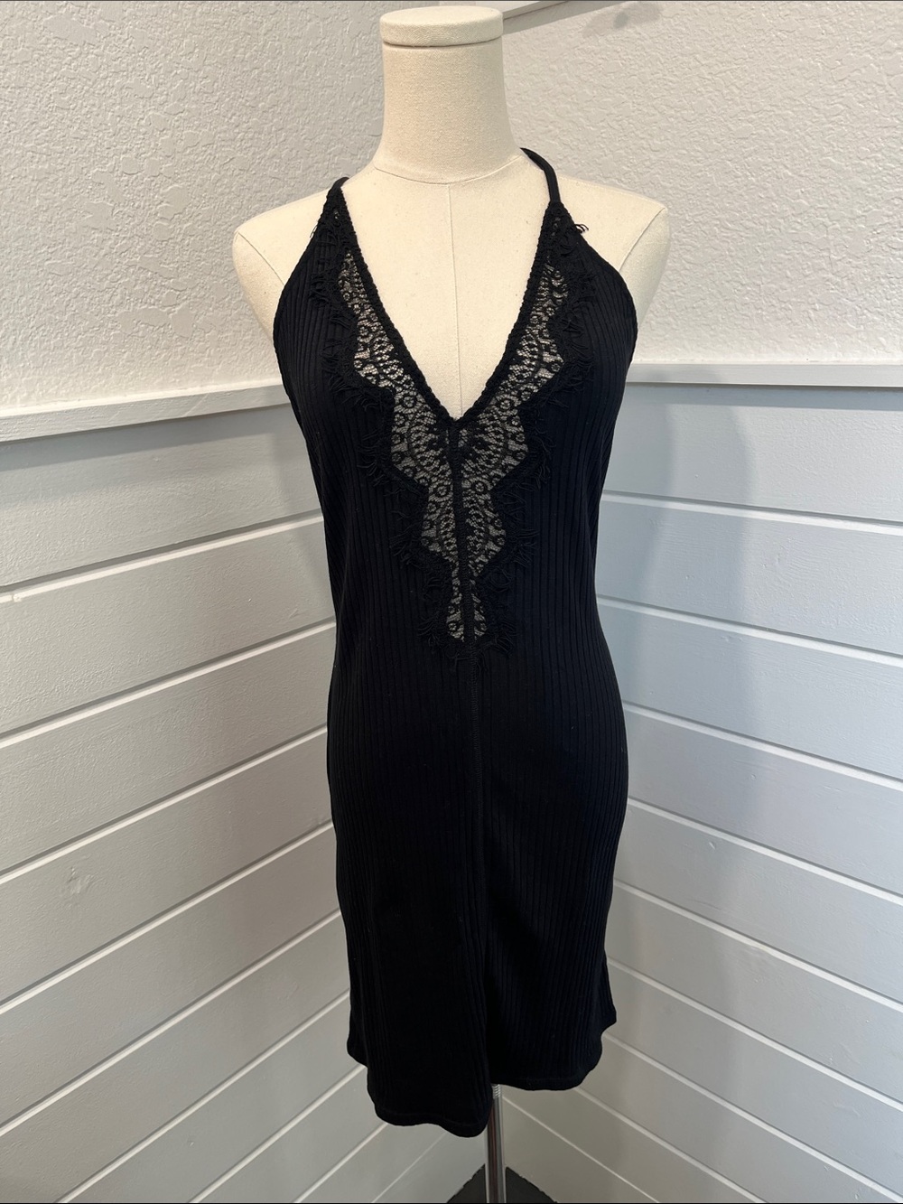 Free People intimately  Black Lace-Trim Ribbed Halter Mini Dress